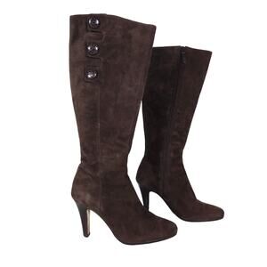 Cole Haan Knee High Boots 6.5 Brown Suede Leather High Heels Button Detail